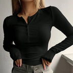 Fall Spring Button Long Sleeve Slim Fit Knit Top image 4