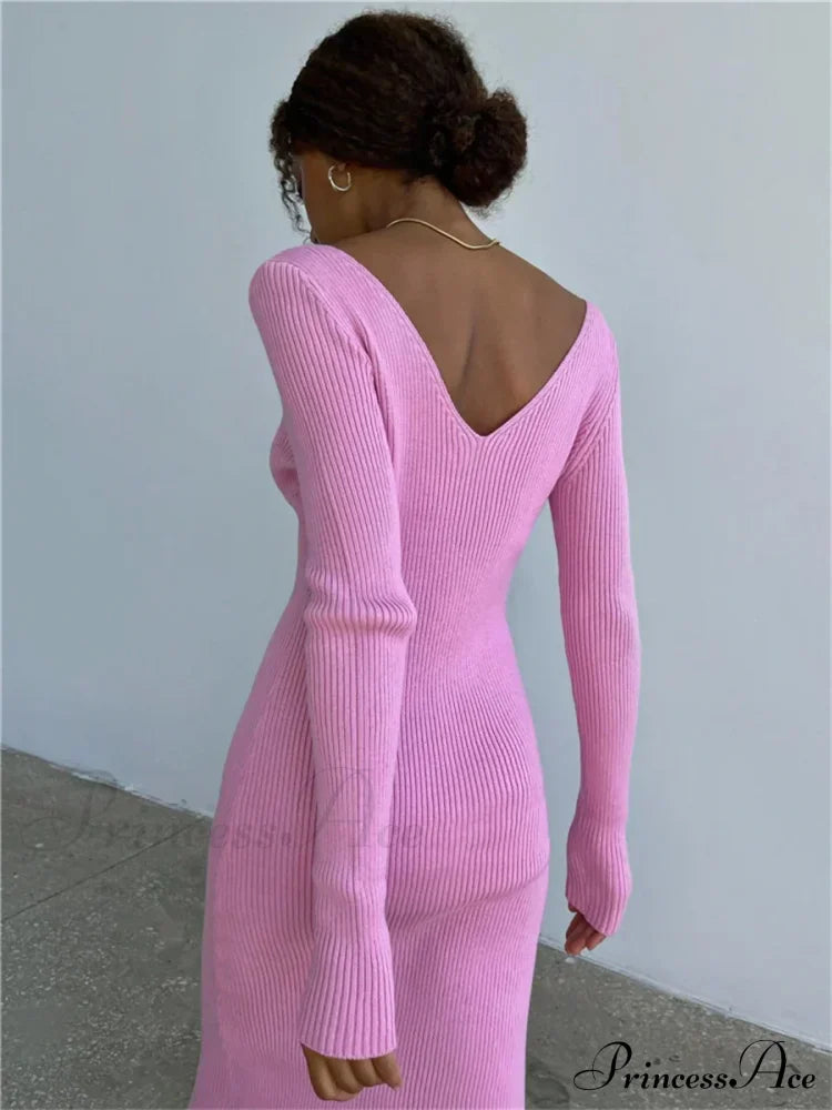 Fall Winter Knit Rib Long Sleeve V Neck Backless Midi Dress image 2