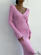 Fall Winter Knit Rib Long Sleeve V Neck Backless Midi Dress image 6