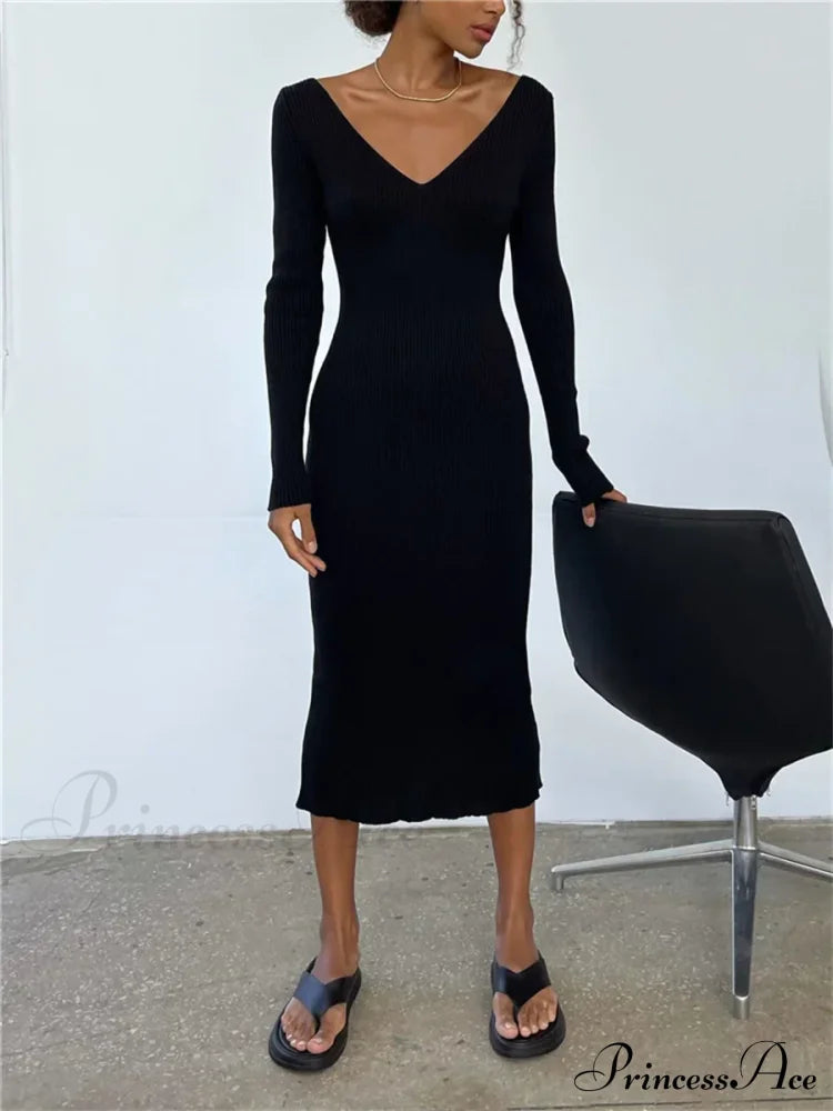 Fall Winter Knit Rib Long Sleeve V Neck Backless Midi Dress image 5