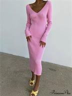 Fall Winter Knit Rib Long Sleeve V Neck Backless Midi Dress image 1