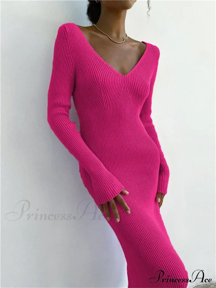 Fall Winter Knit Rib Long Sleeve V Neck Backless Midi Dress image 4