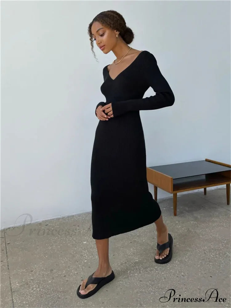 Fall Winter Knit Rib Long Sleeve V Neck Backless Midi Dress image 7