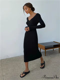 Fall Winter Knit Rib Long Sleeve V Neck Backless Midi Dress image 7