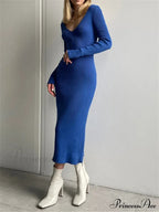Fall Winter Knit Rib Long Sleeve V Neck Backless Midi Dress image 8