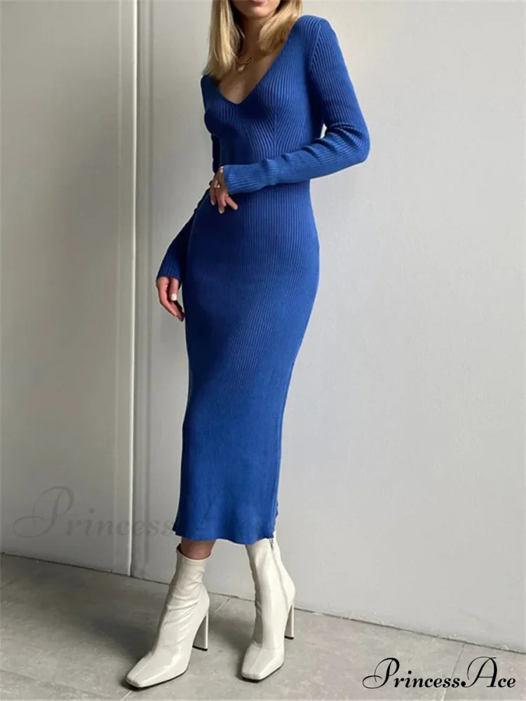 Fall Winter Knit Rib Long Sleeve V Neck Backless Midi Dress image 8