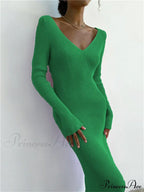 Fall Winter Knit Rib Long Sleeve V Neck Backless Midi Dress image 9