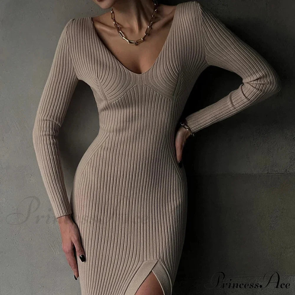 Fall Winter V-Neck Knitted Party Slit Long Sleeve Sweaters Midi Dress image 1