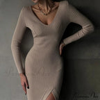 Fall Winter V-Neck Knitted Party Slit Long Sleeve Sweaters Midi Dress image 1