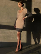 Fall Winter V-Neck Knitted Party Slit Long Sleeve Sweaters Midi Dress image 2