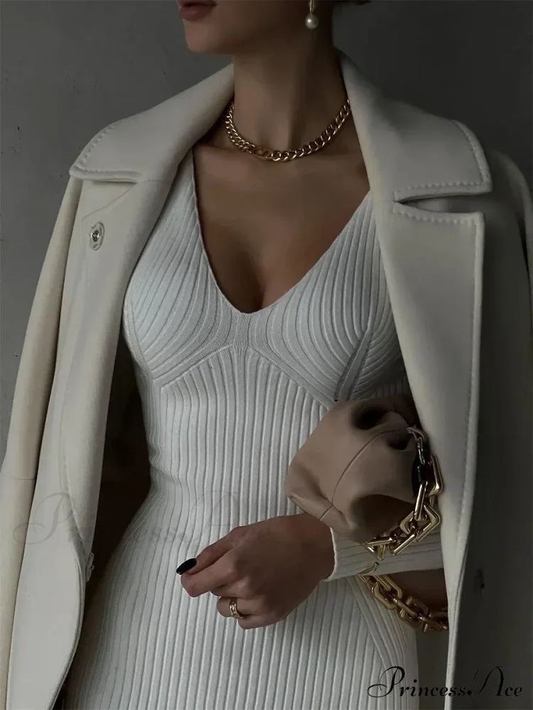 Fall Winter V-Neck Knitted Party Slit Long Sleeve Sweaters Midi Dress image 4