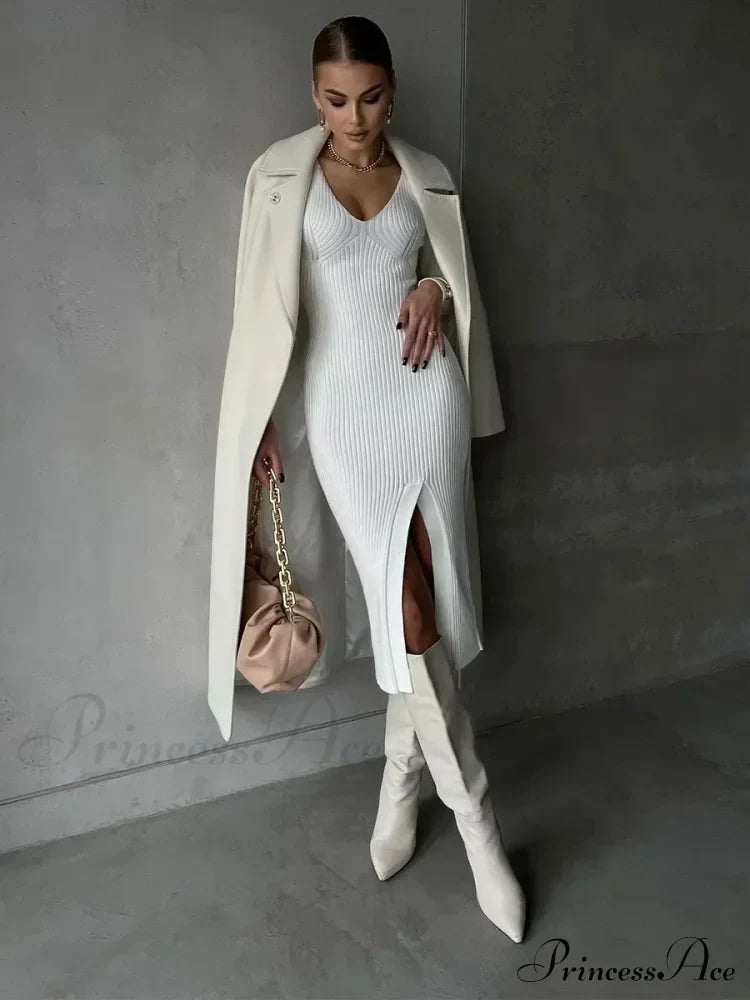 Fall Winter V-Neck Knitted Party Slit Long Sleeve Sweaters Midi Dress image 5