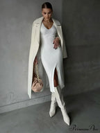 Fall Winter V-Neck Knitted Party Slit Long Sleeve Sweaters Midi Dress image 5