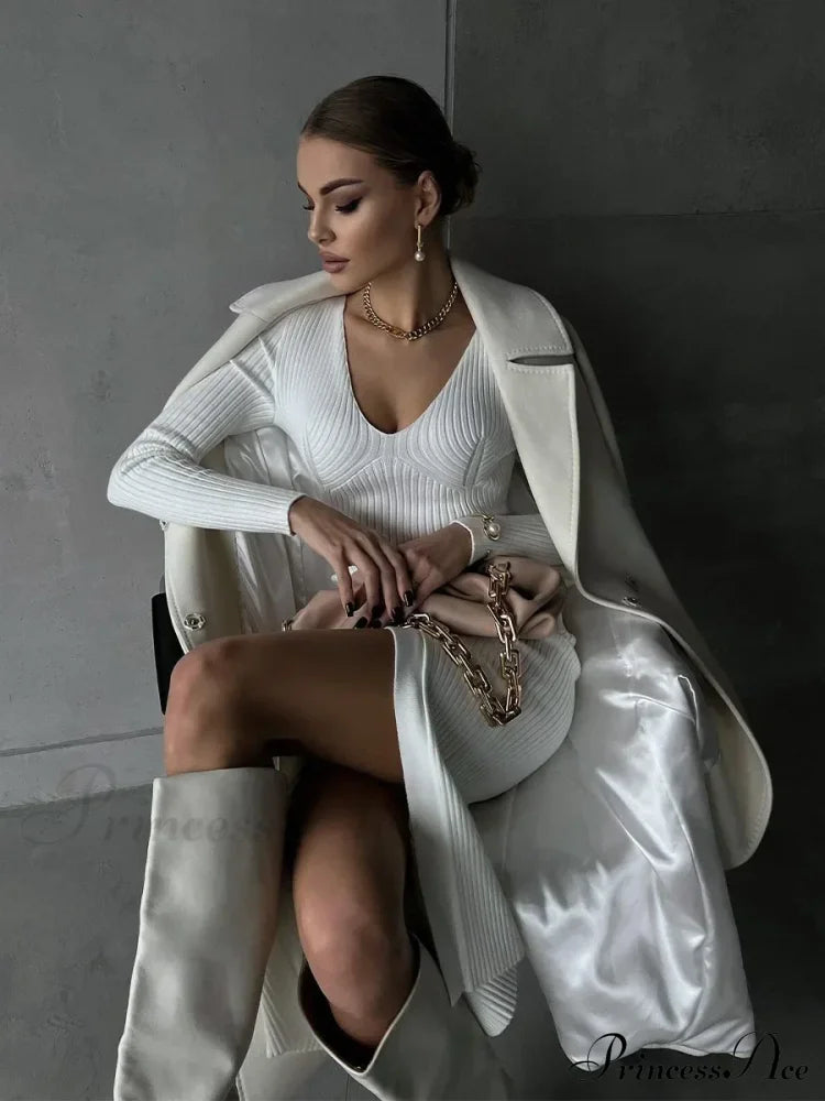 Fall Winter V-Neck Knitted Party Slit Long Sleeve Sweaters Midi Dress image 6