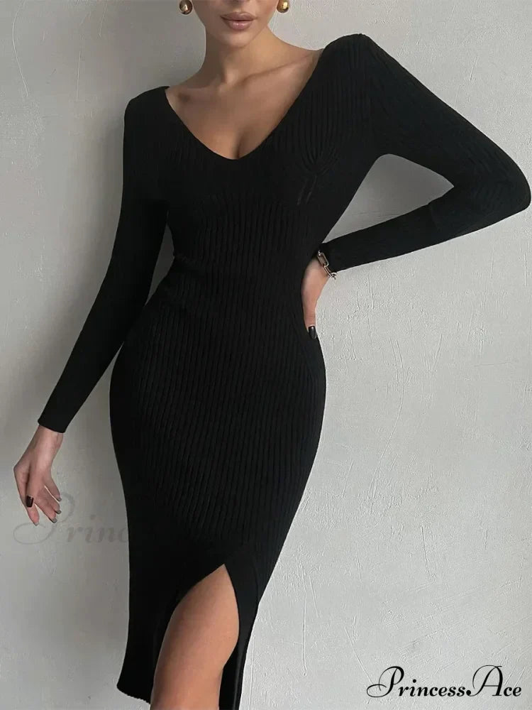 Fall Winter V-Neck Knitted Party Slit Long Sleeve Sweaters Midi Dress image 7