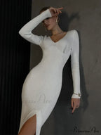 Fall Winter V-Neck Knitted Party Slit Long Sleeve Sweaters Midi Dress image 3