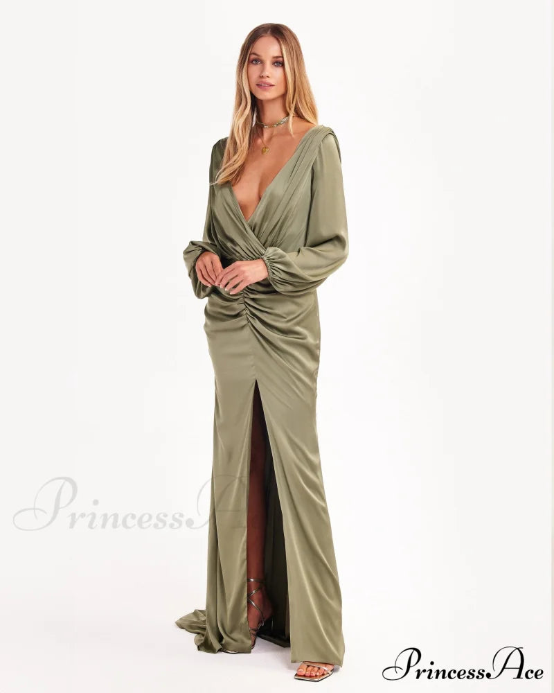 Fancy Olive Silk Charming Maxi Evening Dress image 2