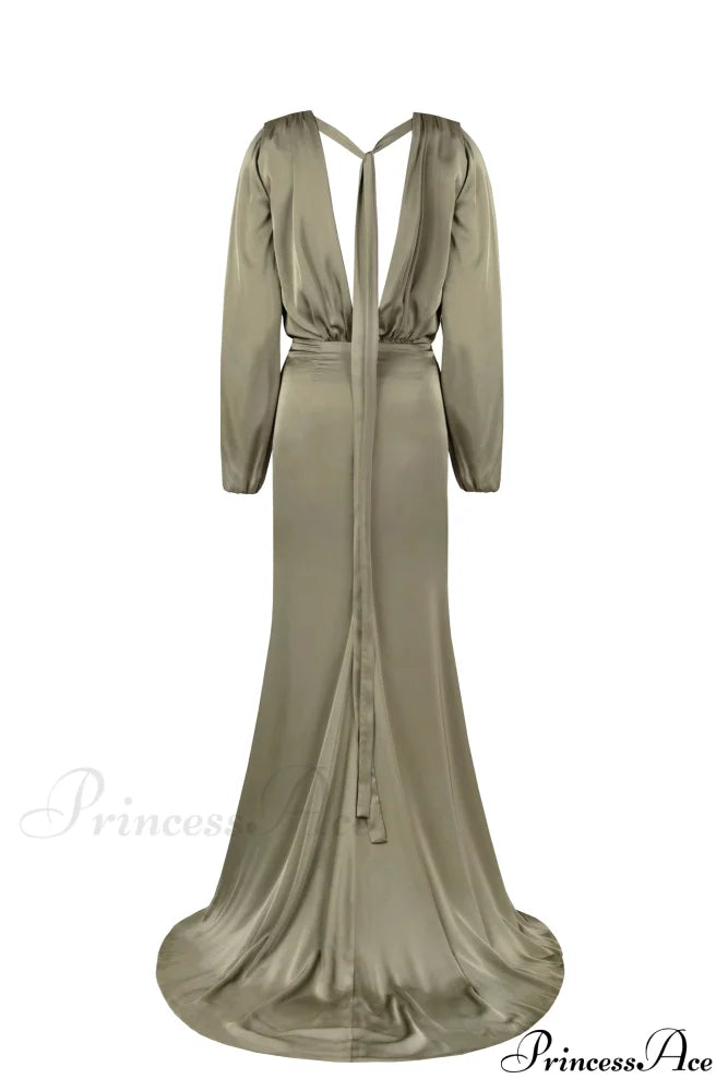 Fancy Olive Silk Charming Maxi Evening Dress image 3