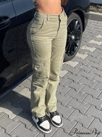 Fashion Baggy Cargo Big Pockets Pants Vintage Slim Y2k Women Waist Denim ArmyGreen High Khaki Streetwear Trousers image 1