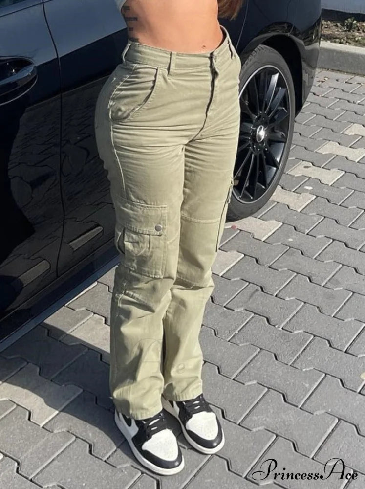 Fashion Baggy Cargo Big Pockets Pants Vintage Slim Y2k Women Waist Denim ArmyGreen High Khaki Streetwear Trousers image 1
