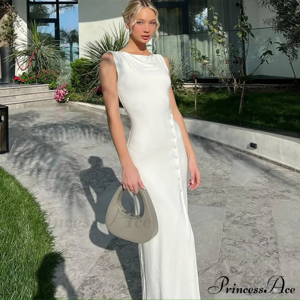 Fashion Button Knitted Sleeveless Slit Summer Elegant Solid Vestido Midi Dress image 5
