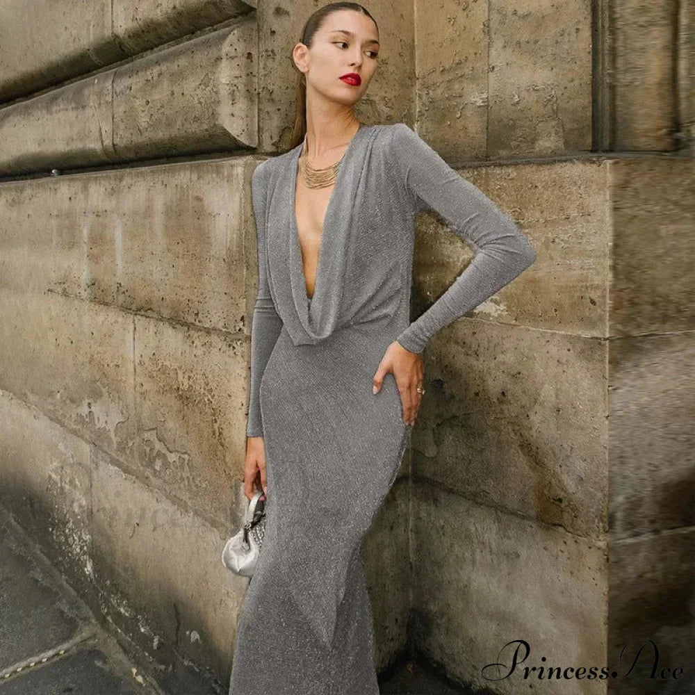 Fashion Club Draped Silk Long Sleeve Maxi Dress image 1