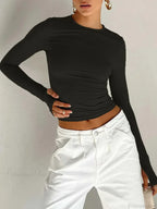 Fashion Crew Neck Slim Fit Long Sleeve Knit Top with Thumb Holes image 5