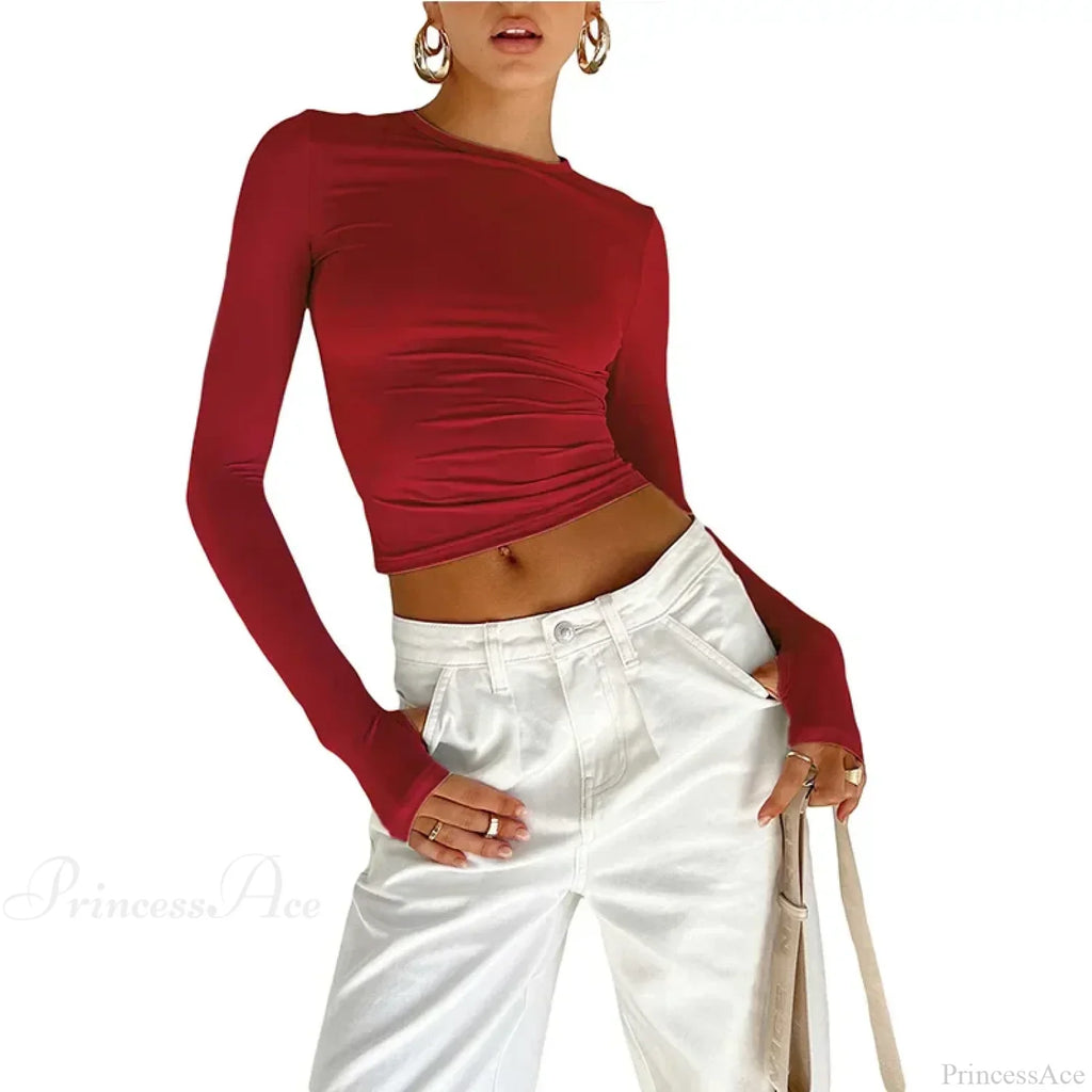Fashion Crew Neck Slim Fit Long Sleeve Knit Top with Thumb Holes image 9