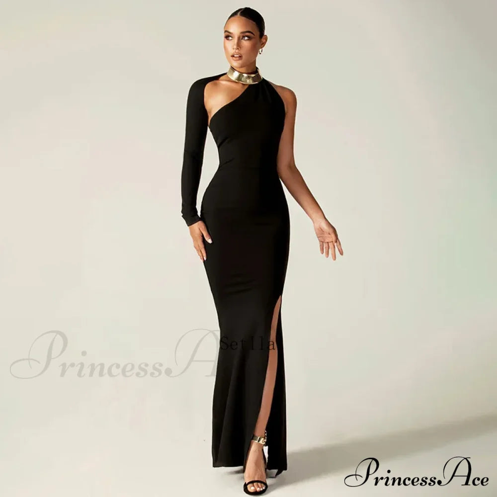 Fashion One Shoulder Split Long Sleeve Vestido Gown Maxi Dress image 4