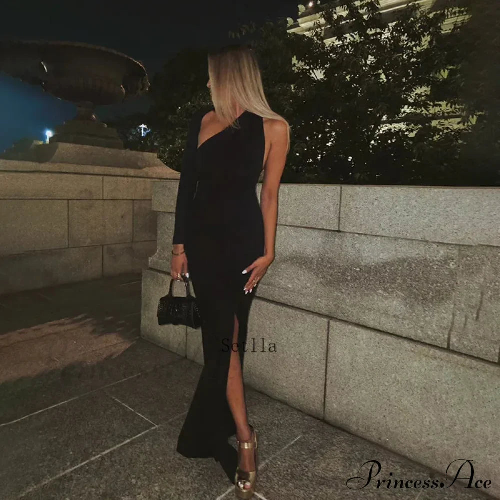 Fashion One Shoulder Split Long Sleeve Vestido Gown Maxi Dress image 2