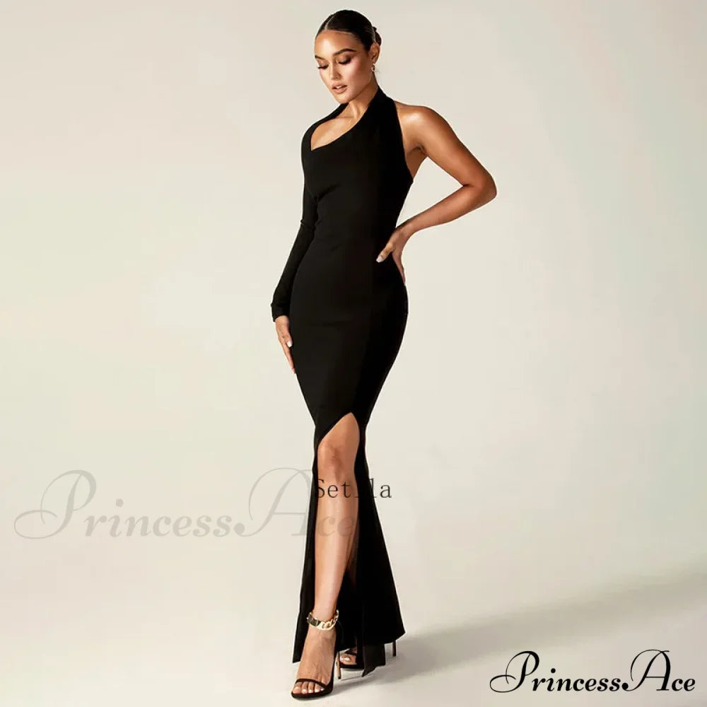 Fashion One Shoulder Split Long Sleeve Vestido Gown Maxi Dress image 5