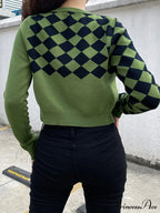 Fashion Plaid Green Cropped Knitted Cardigan image 3