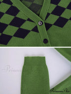 Fashion Plaid Green Cropped Knitted Cardigan image 4