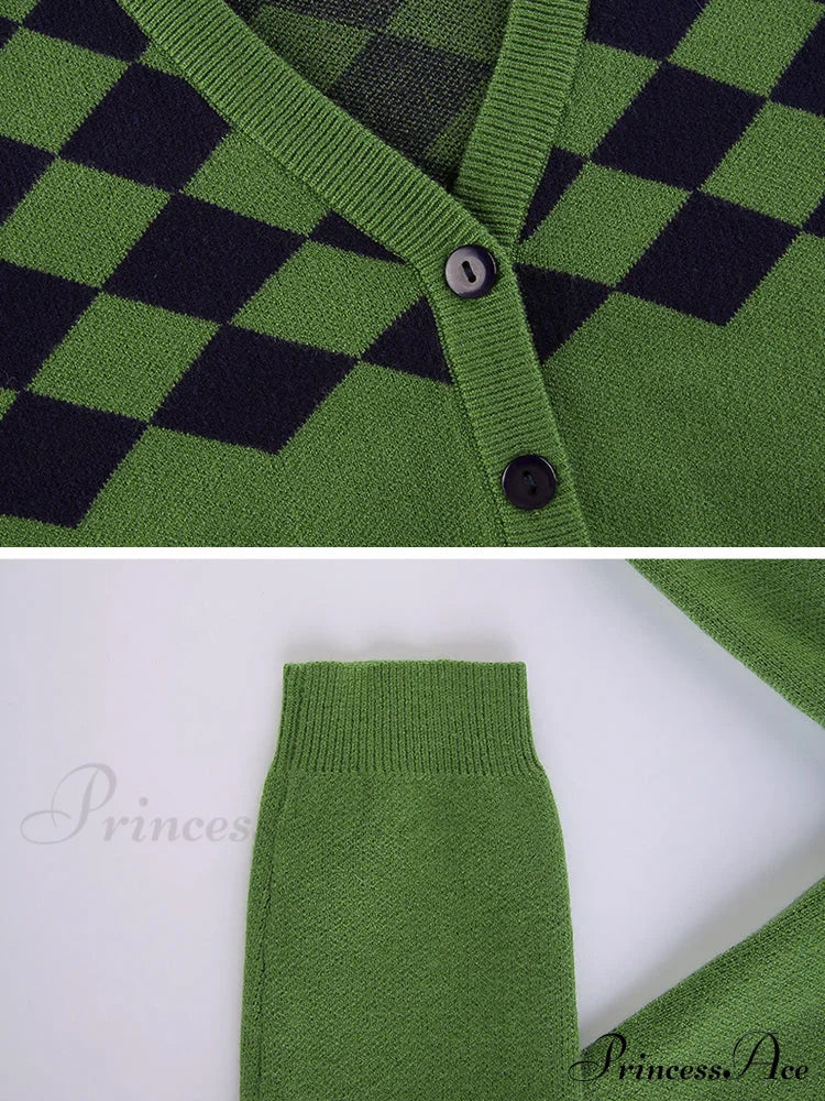 Fashion Plaid Green Cropped Knitted Cardigan image 4