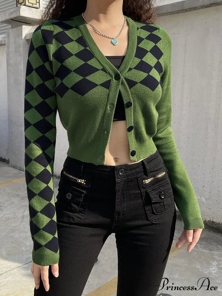 Fashion Plaid Green Cropped Knitted Cardigan image 2