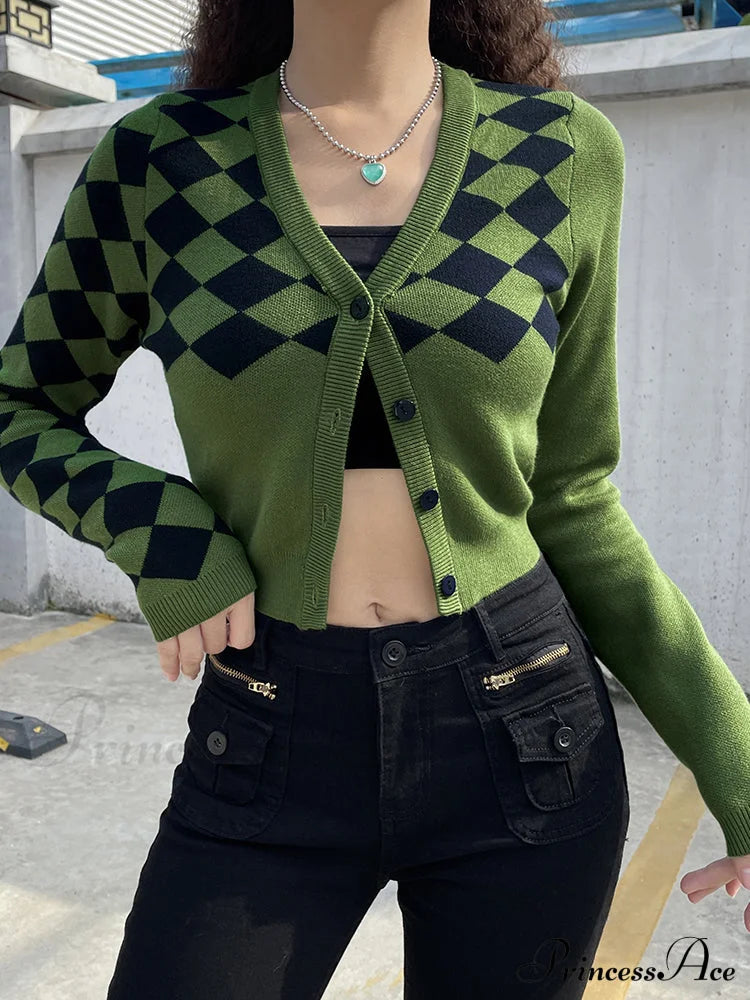 Fashion Plaid Green Cropped Knitted Cardigan image 1