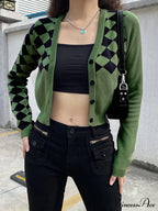 Fashion Plaid Green Cropped Knitted Cardigan image 5