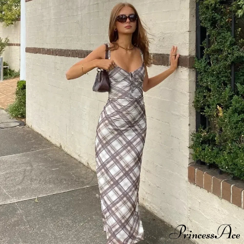 Fashion Plaid Print Outfits Maxi Dress image 4