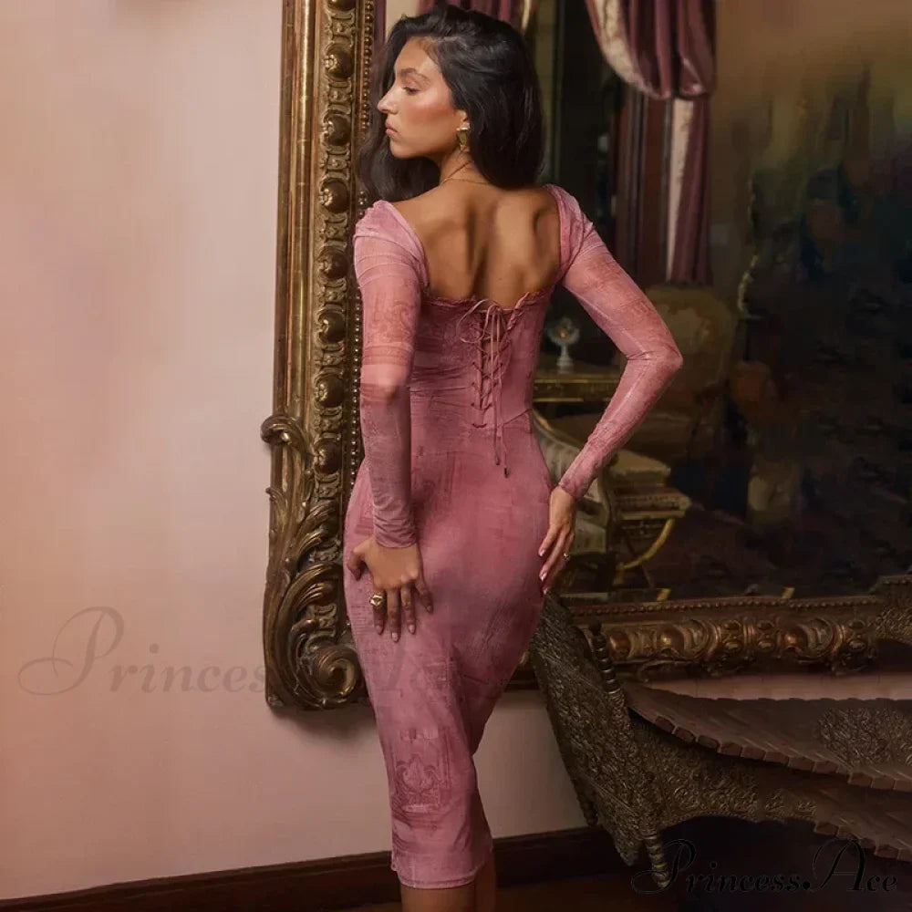 Fashion Print Bandage Corset Long Sleeve Fall Lace Clothes Midi Dress image 4