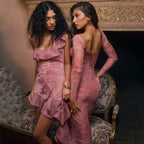 Fashion Print Bandage Corset Long Sleeve Fall Lace Clothes Midi Dress image 5