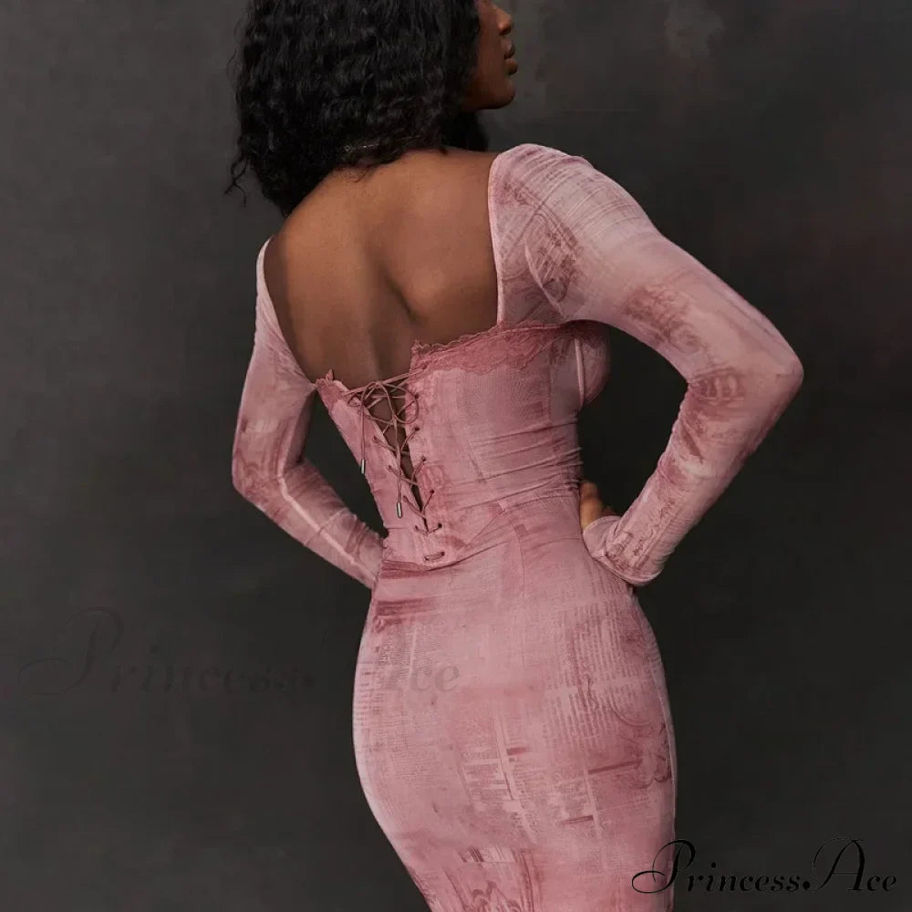Fashion Print Bandage Corset Long Sleeve Fall Lace Clothes Midi Dress image 2