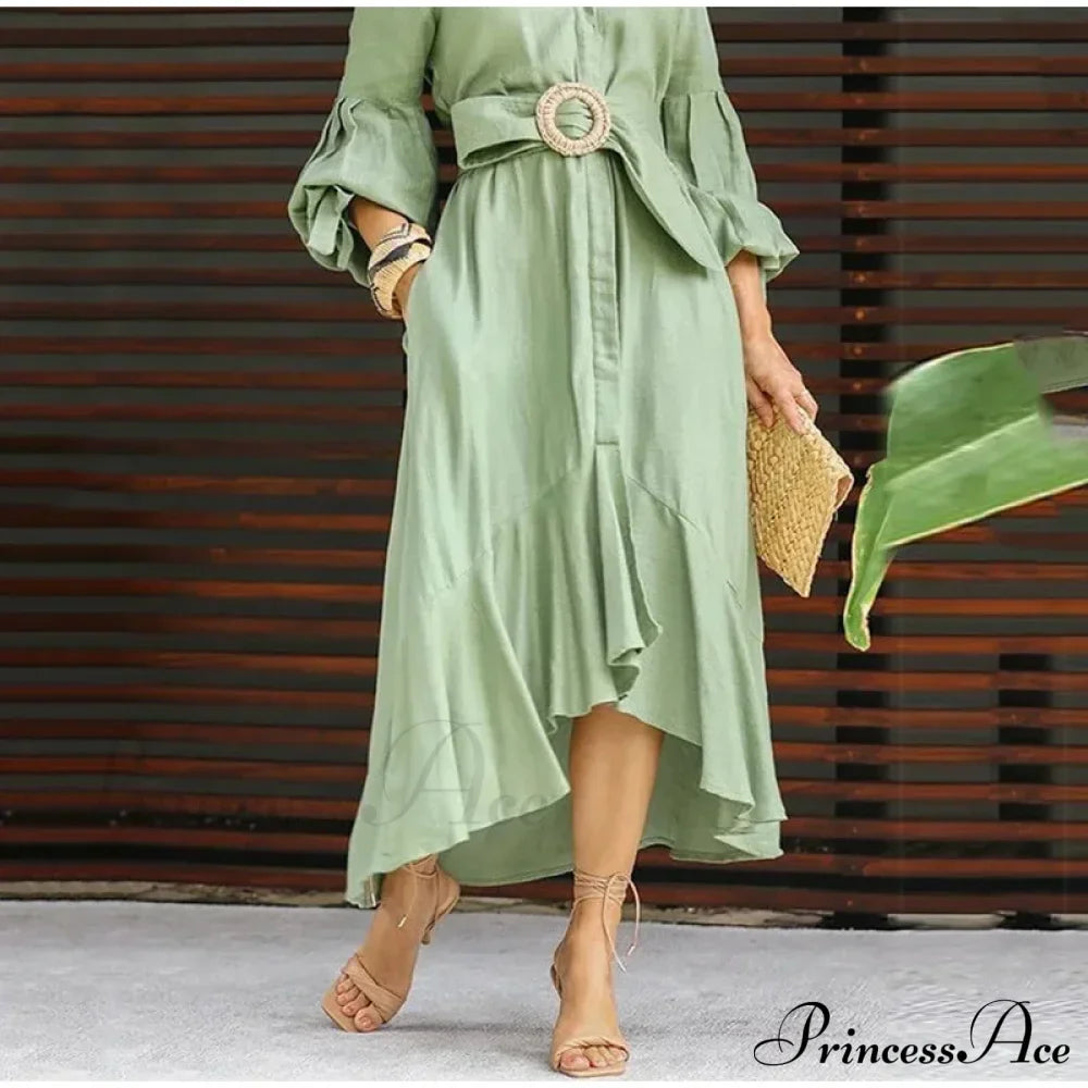 Fashion Ruffle Women's Shirt Casual V Neck Lantern Sleeve With Pocket Long Skirt Spring Lady Streetwear Midi Dress image 6