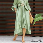 Fashion Ruffle Women's Shirt Casual V Neck Lantern Sleeve With Pocket Long Skirt Spring Lady Streetwear Midi Dress image 6
