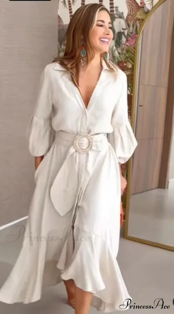 Fashion Ruffle Women's Shirt Casual V Neck Lantern Sleeve With Pocket Long Skirt Spring Lady Streetwear Midi Dress image 5