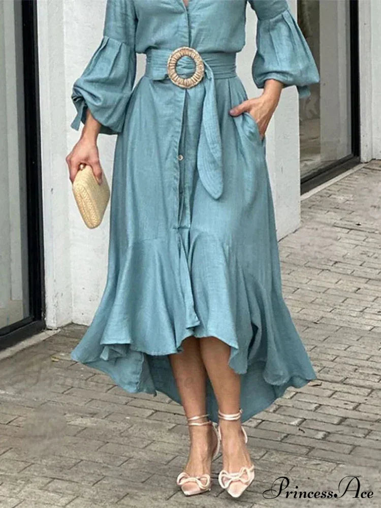 Fashion Ruffle Women's Shirt Casual V Neck Lantern Sleeve With Pocket Long Skirt Spring Lady Streetwear Midi Dress image 2