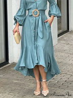 Fashion Ruffle Women's Shirt Casual V Neck Lantern Sleeve With Pocket Long Skirt Spring Lady Streetwear Midi Dress image 2