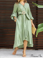 Fashion Ruffle Women's Shirt Casual V Neck Lantern Sleeve With Pocket Long Skirt Spring Lady Streetwear Midi Dress image 4
