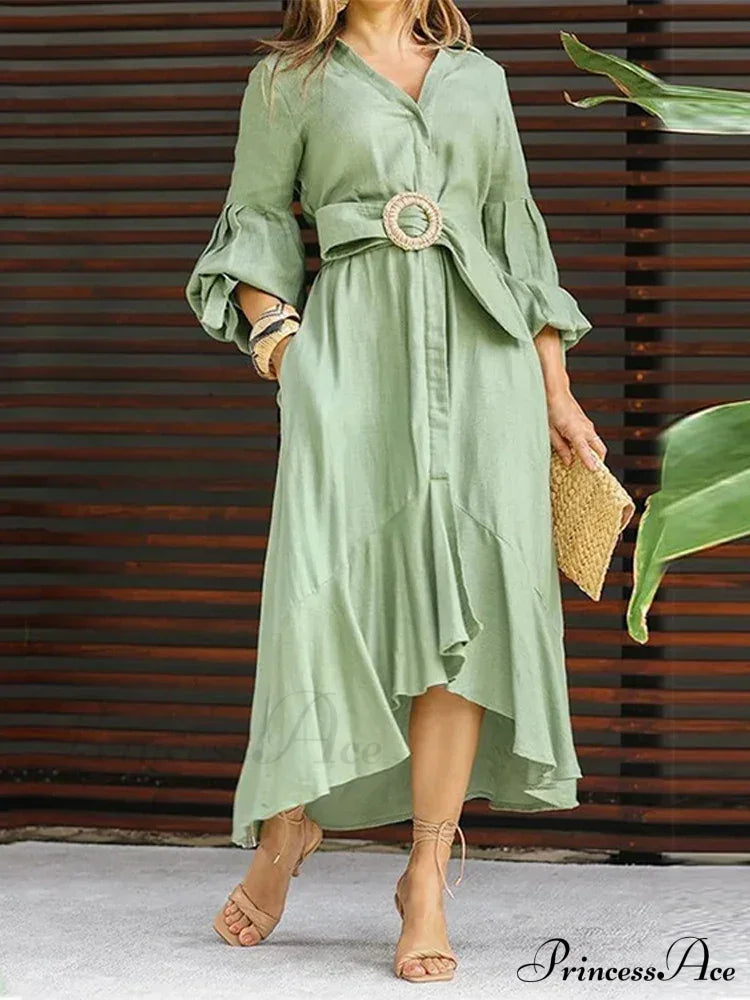 Fashion Ruffle Women's Shirt Casual V Neck Lantern Sleeve With Pocket Long Skirt Spring Lady Streetwear Midi Dress image 4