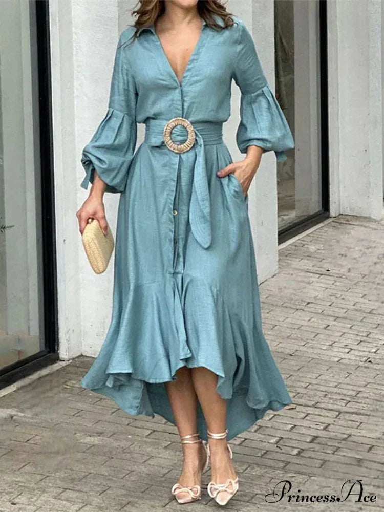 Fashion Ruffle Women's Shirt Casual V Neck Lantern Sleeve With Pocket Long Skirt Spring Lady Streetwear Midi Dress image 1