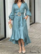 Fashion Ruffle Women's Shirt Casual V Neck Lantern Sleeve With Pocket Long Skirt Spring Lady Streetwear Midi Dress image 1